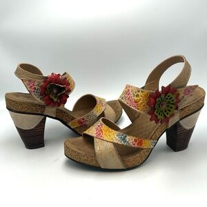 Spring Step L'Artiste Womens 9 Veneka Flower Leather Sandal Tan Heel Art to Wear